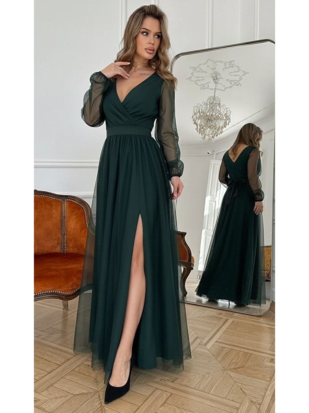 Yeşil Kadın Uzun Kollu Kruvaze Yakalı Belden Kuşaklı Tüllü Uzun Ithal Krep Elbise-1