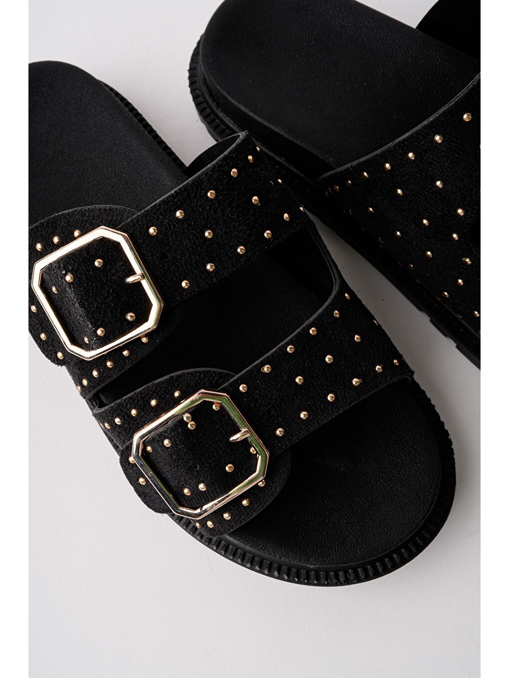 Siyah ESTİVA Ayarlanabilir Çift Tokalı Zımbalı Günlük Kadın Terlik-6