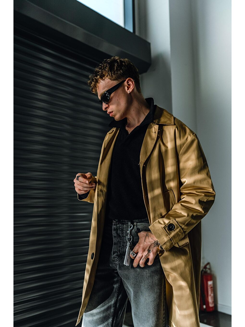 Erkek Oversize Uzun Su ve Rüzgar Geçirmez Pardesü Trençkot Bej-6