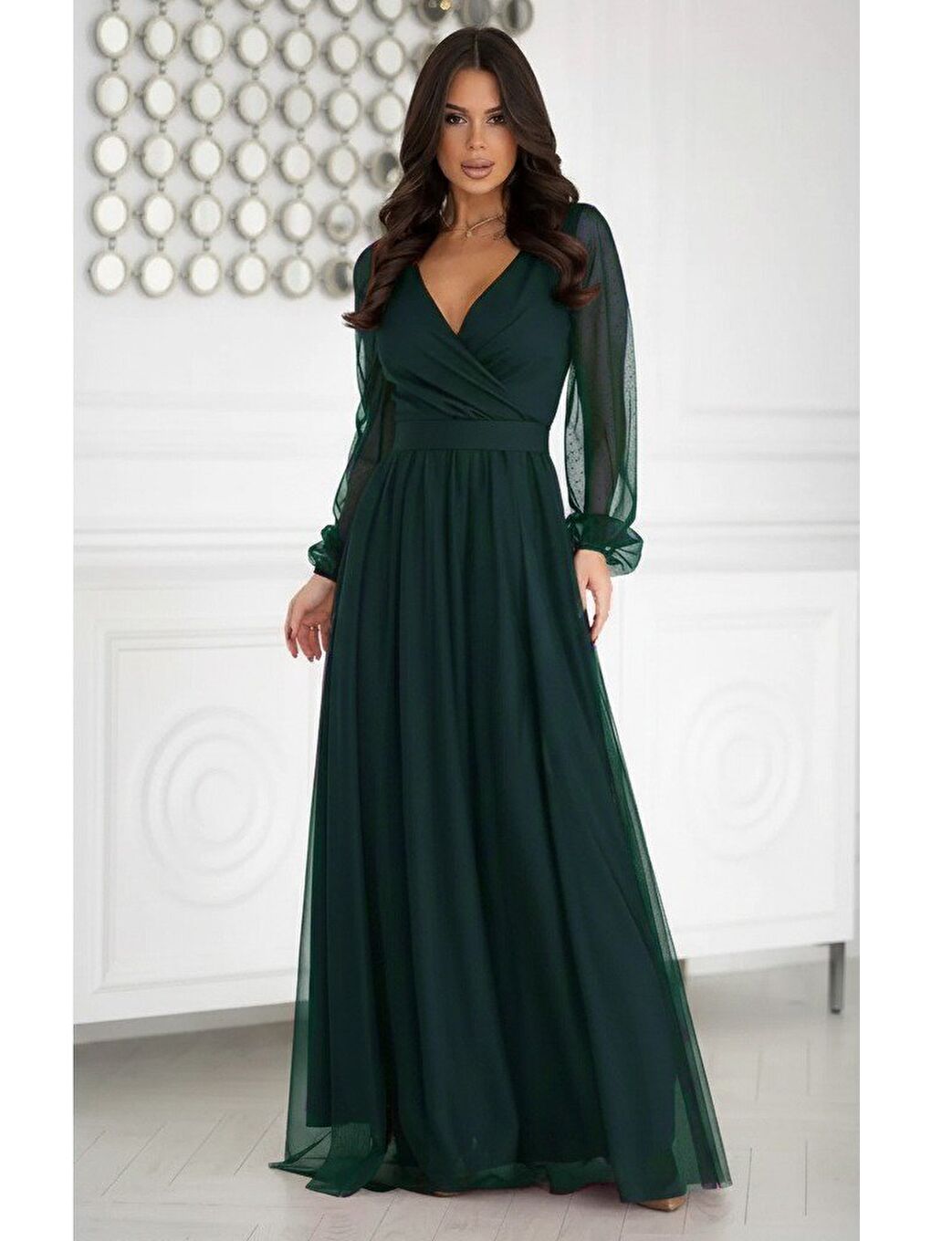 Yeşil Kadın Uzun Kollu Kruvaze Yakalı Belden Kuşaklı Tüllü Uzun Ithal Krep Elbise-2