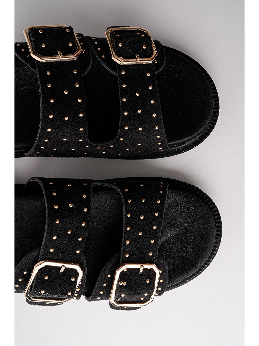 Siyah ESTİVA Ayarlanabilir Çift Tokalı Zımbalı Günlük Kadın Terlik-7