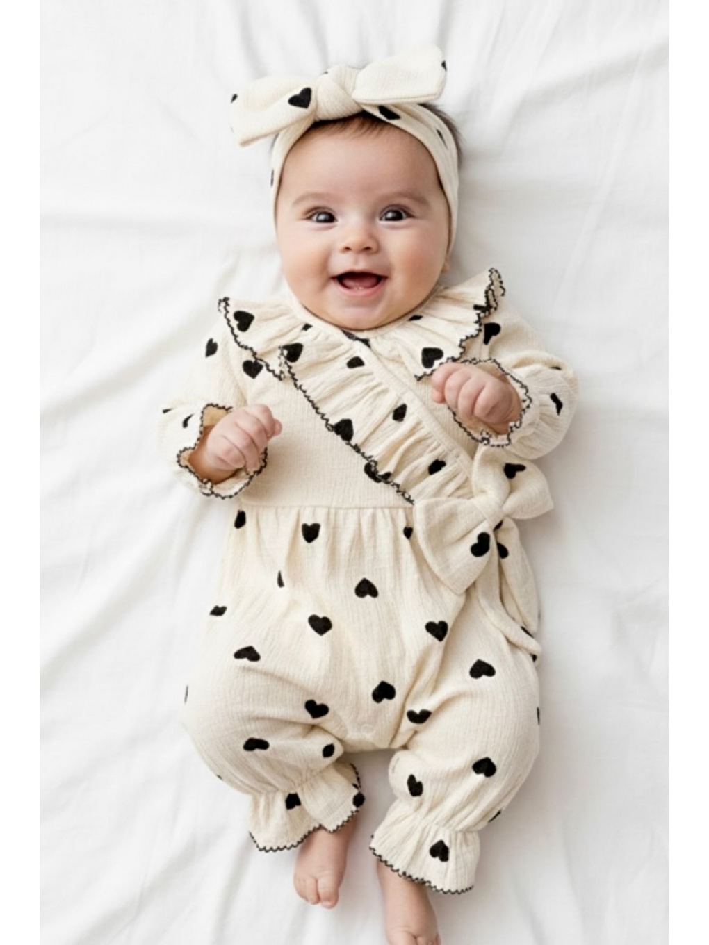 Siyah Kız Bebek Kalp Desenli Fırfırlı Müslin Tulum Seti-2