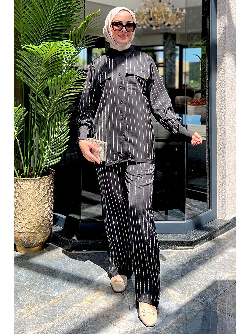 Siyah Çift Cepli Taşlı Saten Gömlek Pantolon Tesettür İkili Takım-2