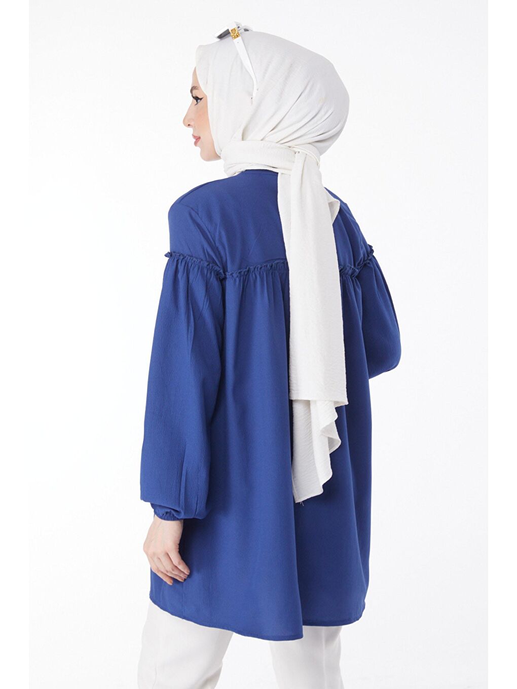 Hakim Yaka Kadın Mavi Büzgülü Gömlek - 13136-3