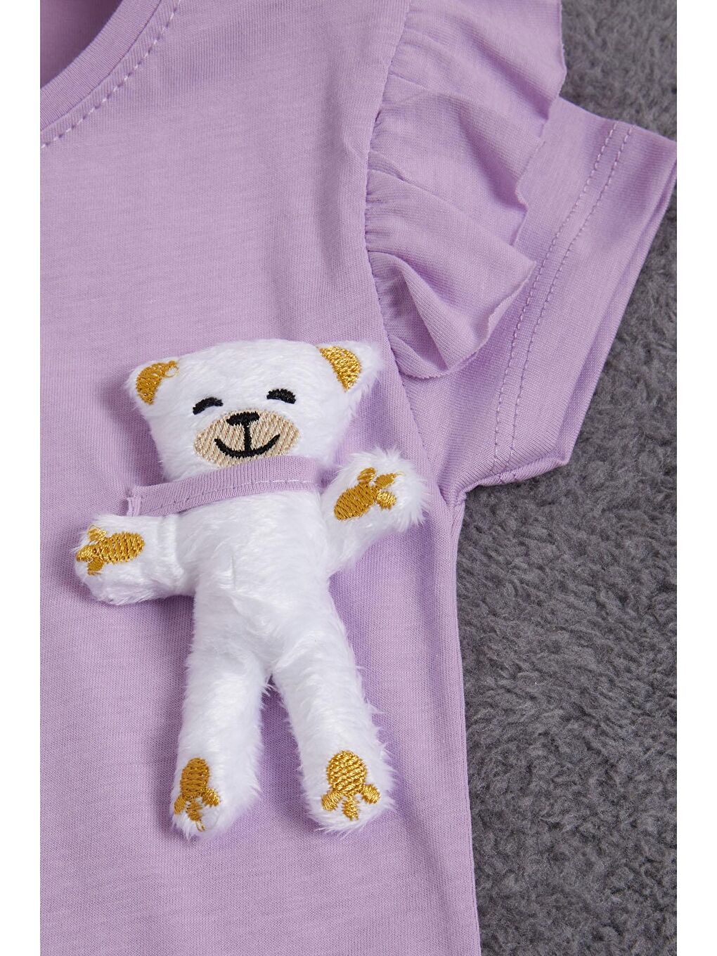Lila Pelüş Ayıcıklı Fırfırlı Kız Çocuk T-shirt 15536-1