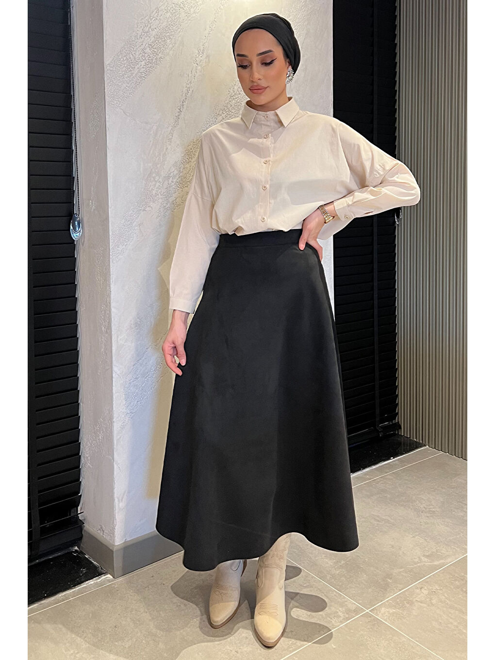 Siyah Kadın Kloş Uzun Süet Etek-1