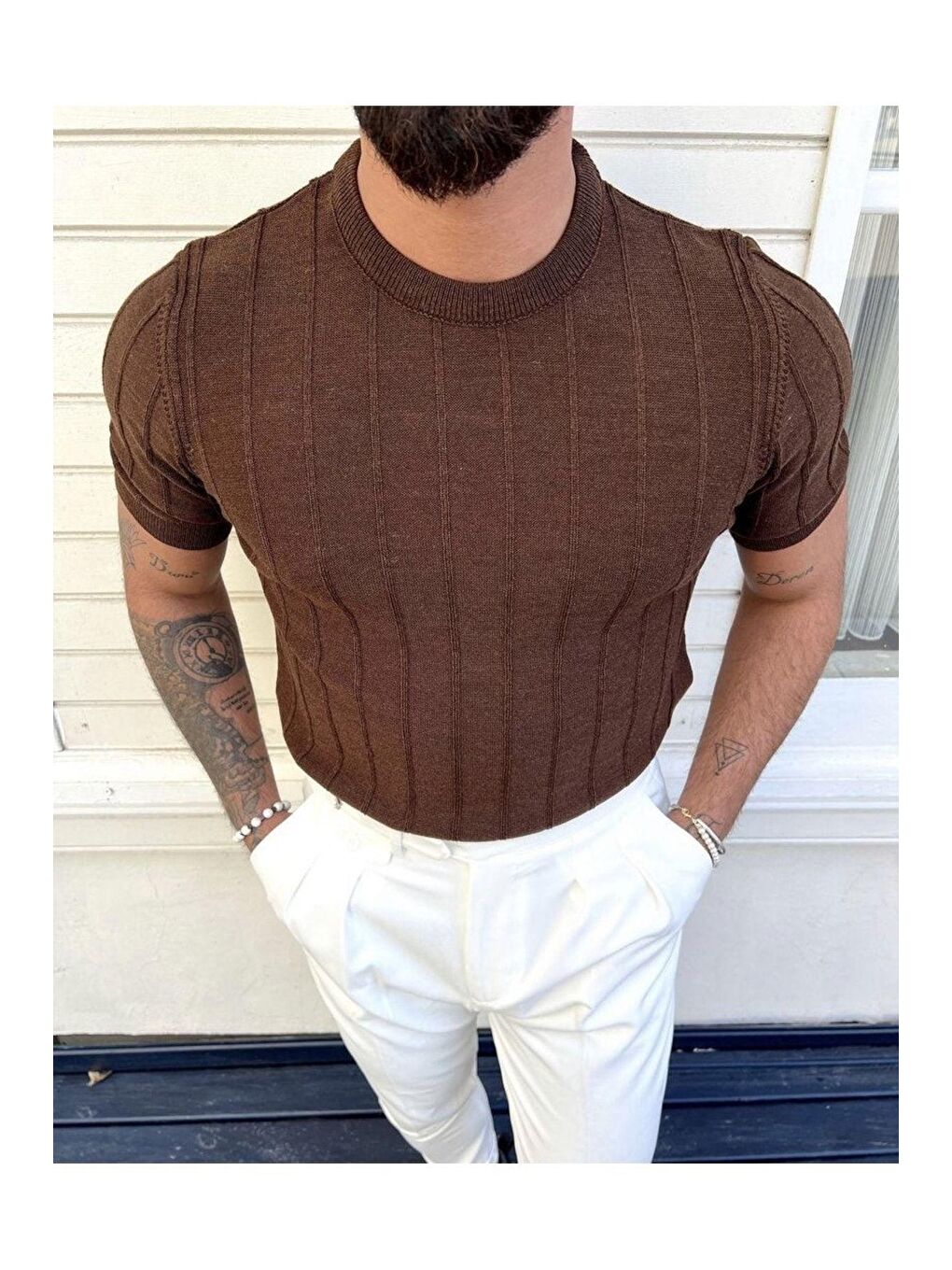 Kahverengi Erkek Bisiklet Yaka Çizgili Triko Tişört