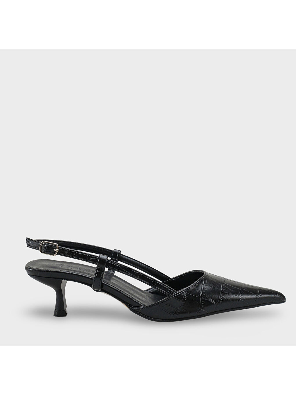 Siyah Vitoria Sivri Burunlu Orta Topuklu Arkası Kare Arkadan Bantlı Kadın Ayakkabı