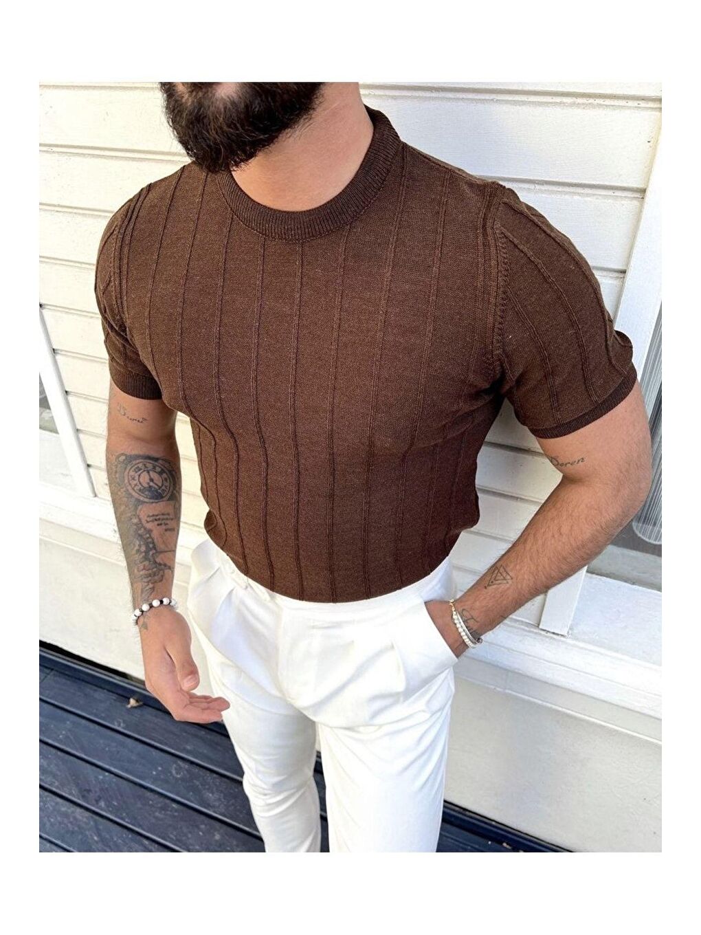 Kahverengi Erkek Bisiklet Yaka Çizgili Triko Tişört-1