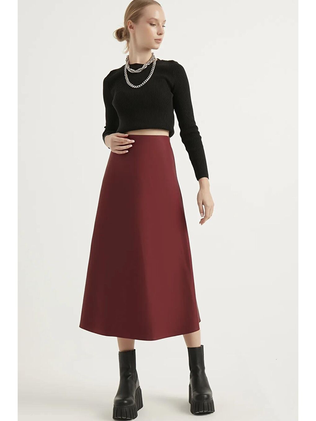 Kadın Deri  Bordo Etek
