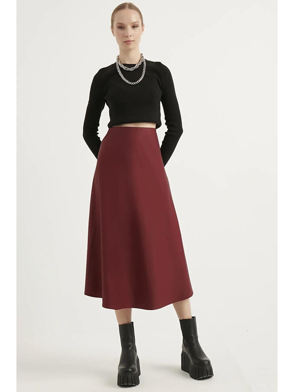 Kadın Deri  Bordo Etek-1