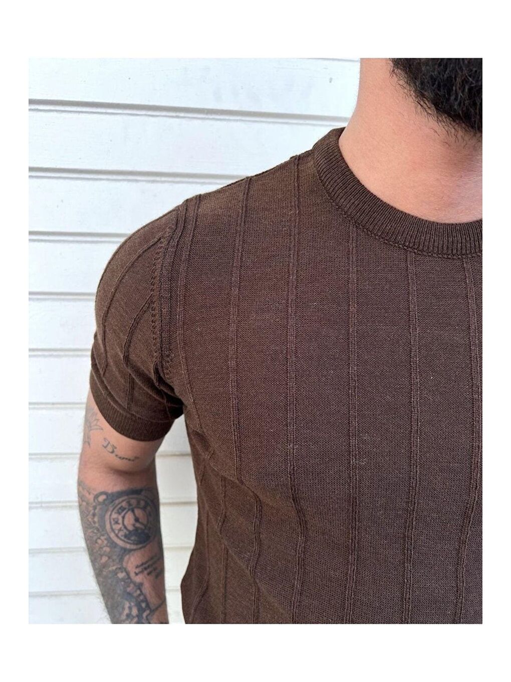 Kahverengi Erkek Bisiklet Yaka Çizgili Triko Tişört-2