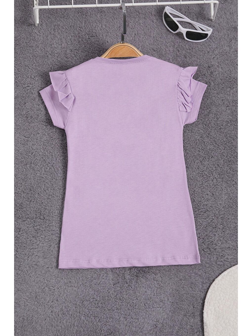 Lila Pelüş Ayıcıklı Fırfırlı Kız Çocuk T-shirt 15536-2