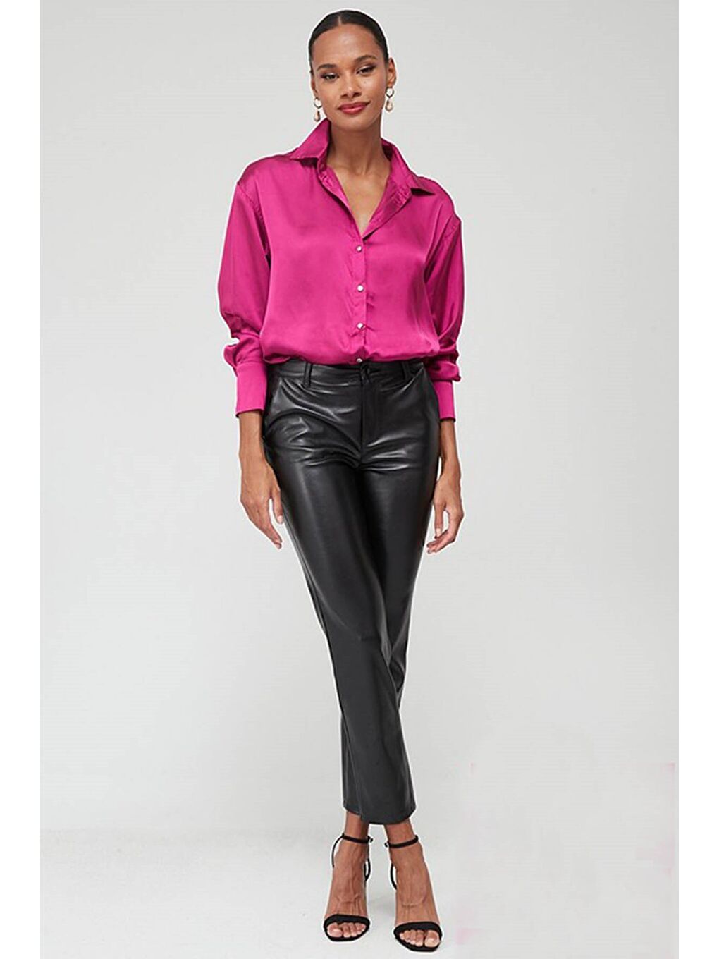Fuşya Basic Kadın Saten Gömlek Mg1326-5