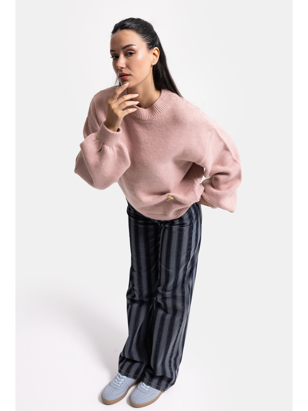 Kadın Pembe W6-98 Oversize Aksesuar Detaylı Tasarım Triko Kazak-1