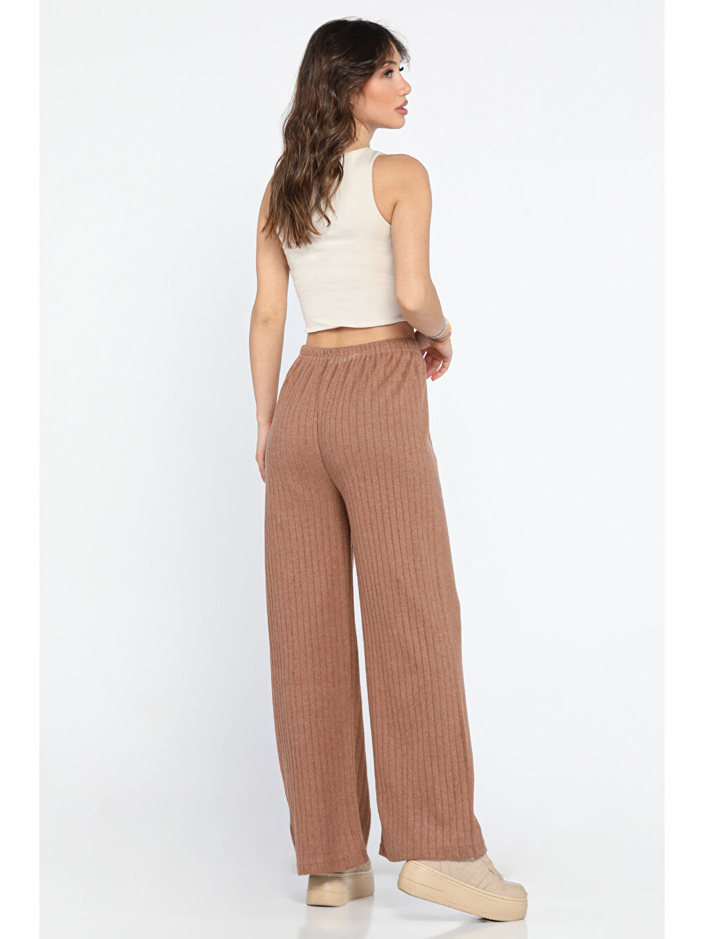 Ekru Kadın Bol Paça Fitilli Pantolon-2