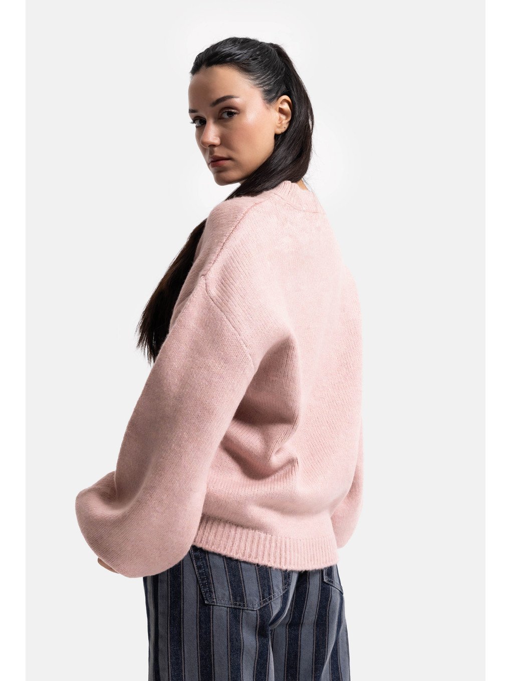 Kadın Pembe W6-98 Oversize Aksesuar Detaylı Tasarım Triko Kazak-2