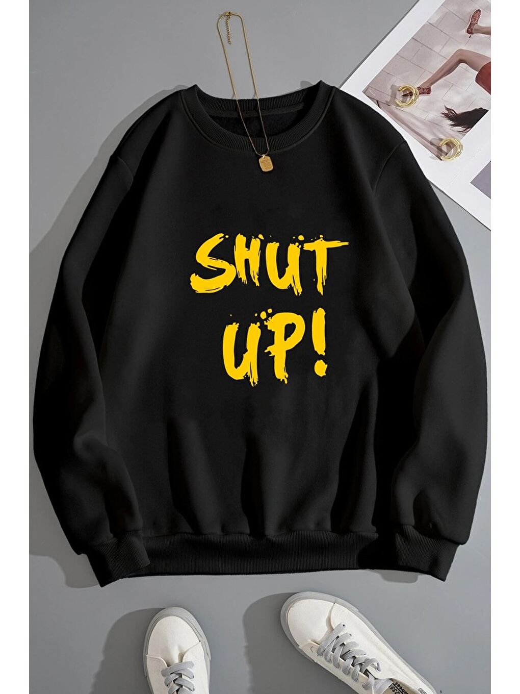 uyguntarz Siyah Unisex Shut Up Baskılı Bisiklet Yaka Sweatshirt