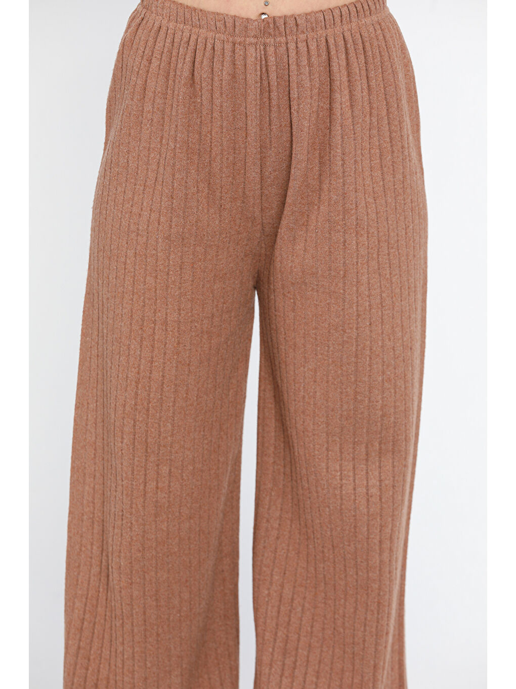 Ekru Kadın Bol Paça Fitilli Pantolon-3