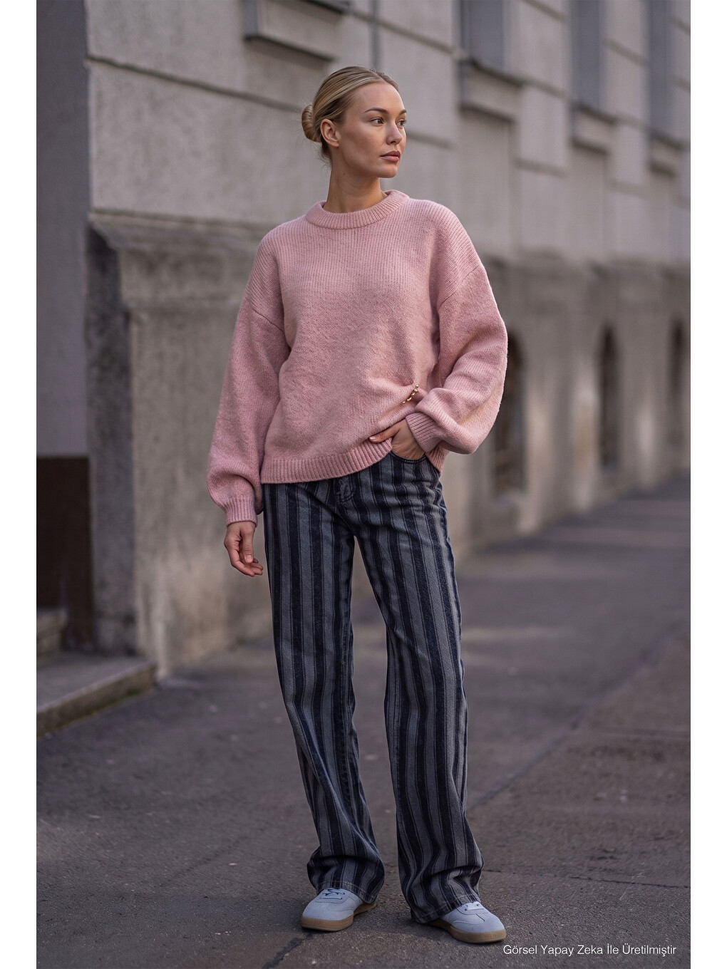Kadın Pembe W6-98 Oversize Aksesuar Detaylı Tasarım Triko Kazak-4