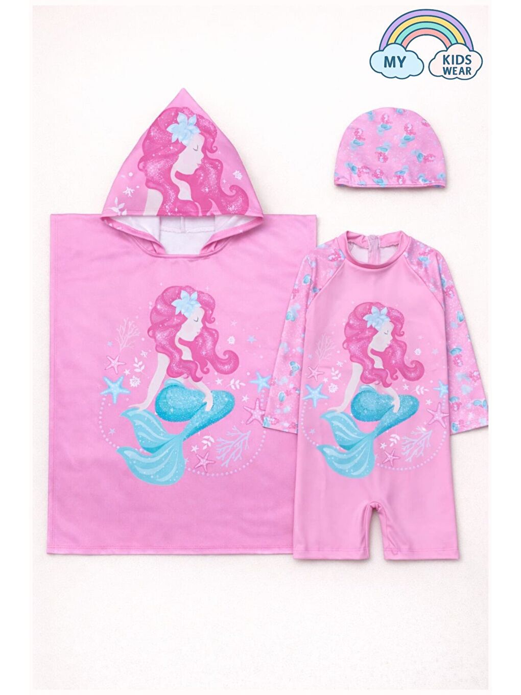 Ekru Kız Çocuk Deniz Kombini 3’lü Set – Mayo, Havlu ve Bone 12578