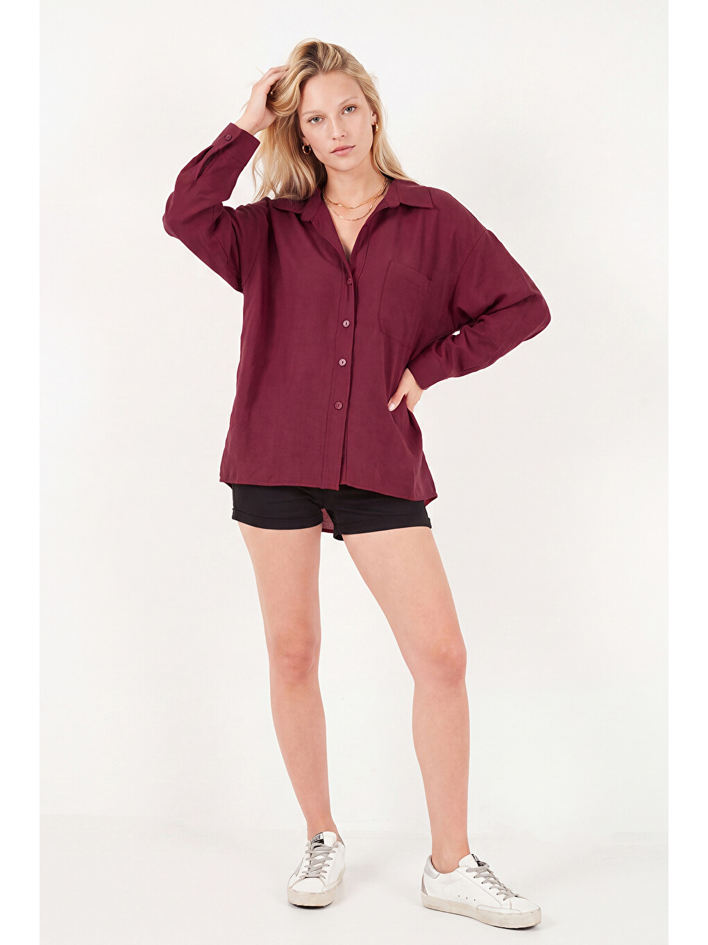 Bordo Modal Oversize Fit Uzun Kollu Kadın Gömlek 6834612-3