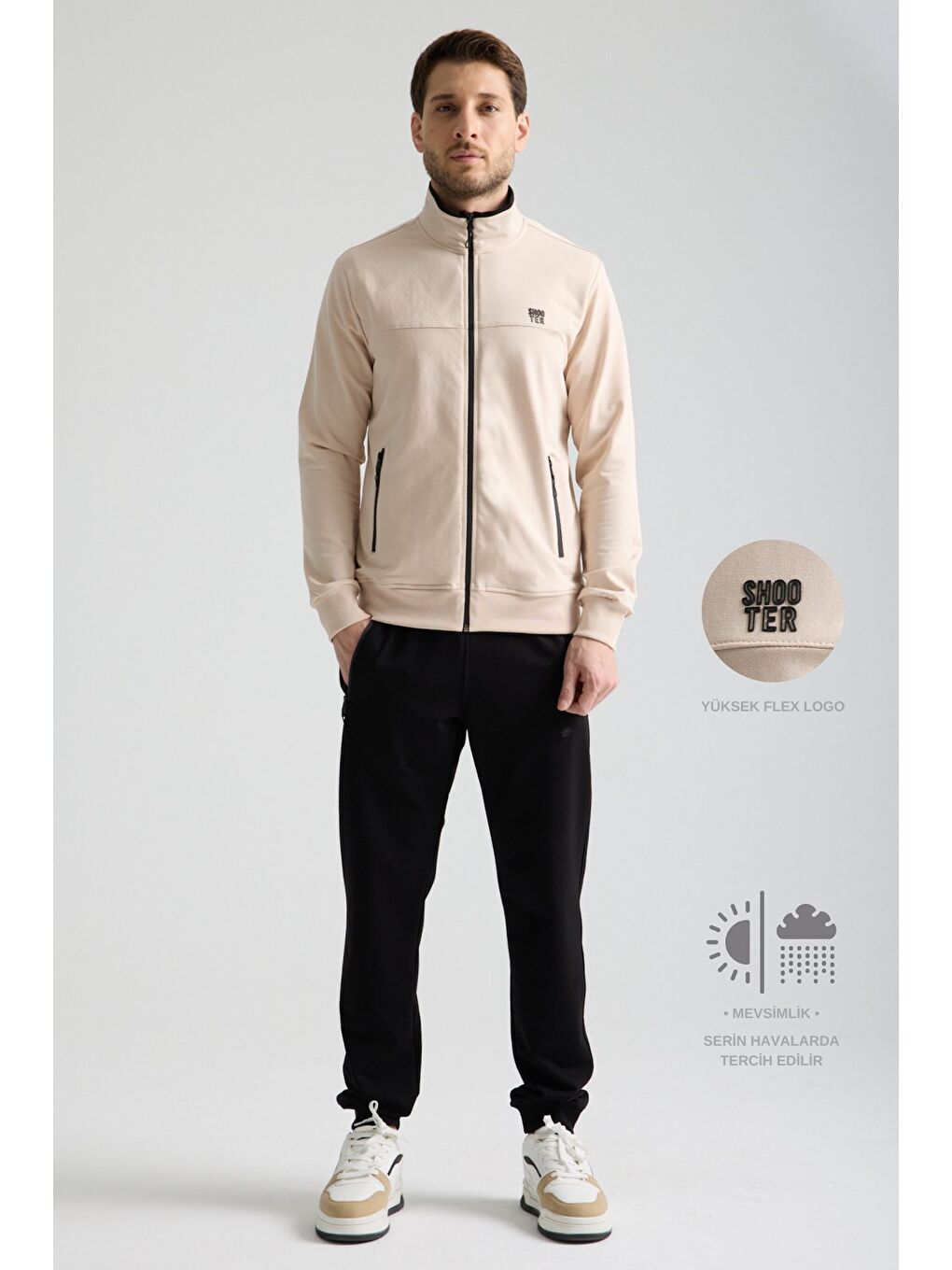 Bej  Erkek Luxe Eşofman Takımı Rahat Kalıp Manşetli Minimal Logo