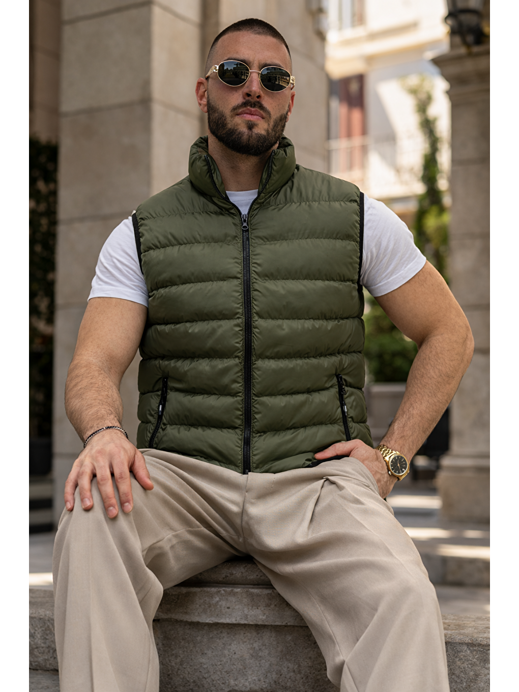 Erkek Kışlık Astarlı Basic Haki Şişme Yelek-3