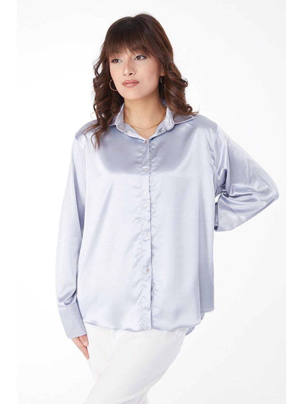 Gömlek Yaka Kadın Gri Saten Gömlek - 25038