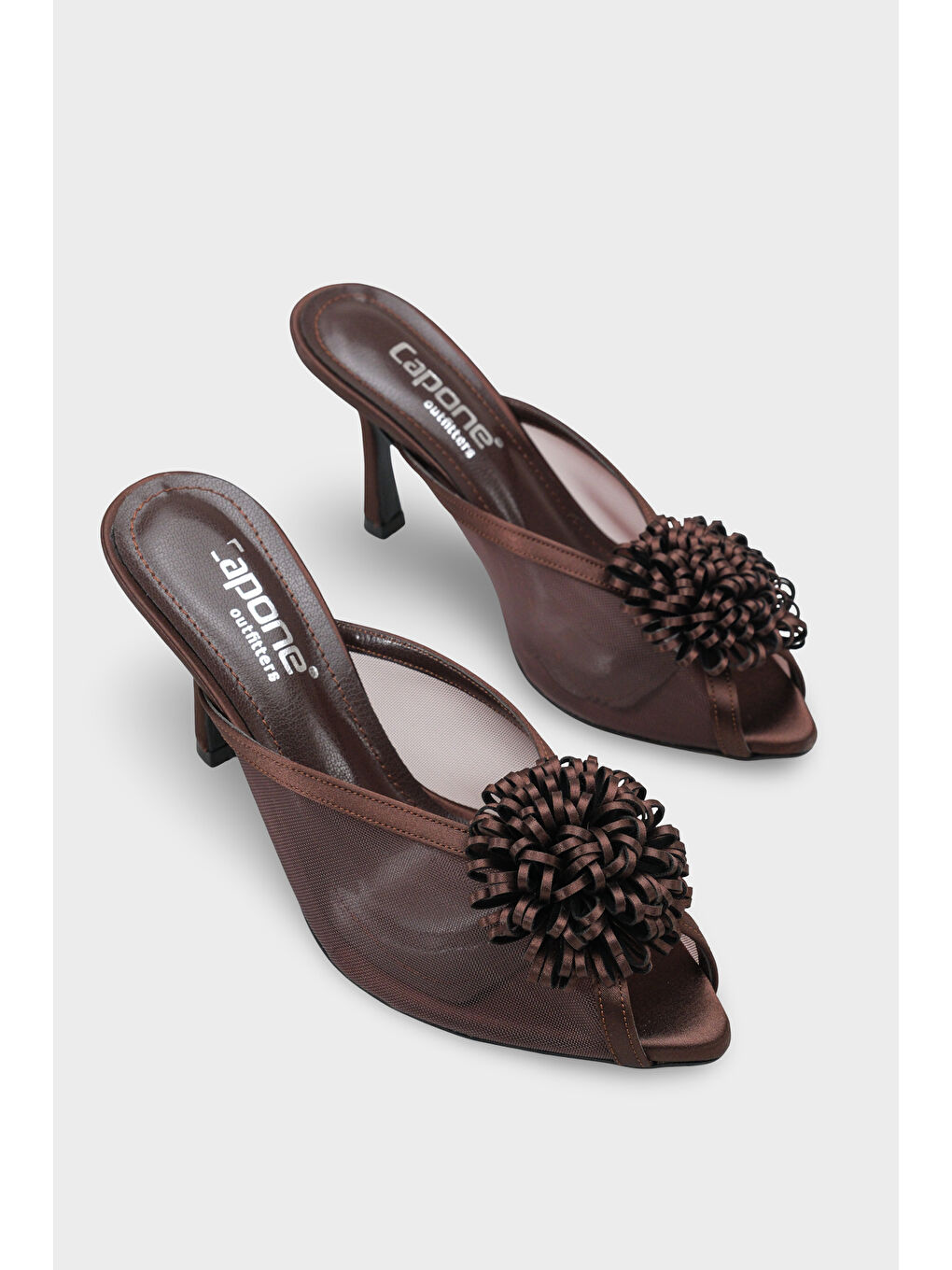 Kahverengi Caitrin Fileli Saten Orta Topuklu Kadın Terlik-1