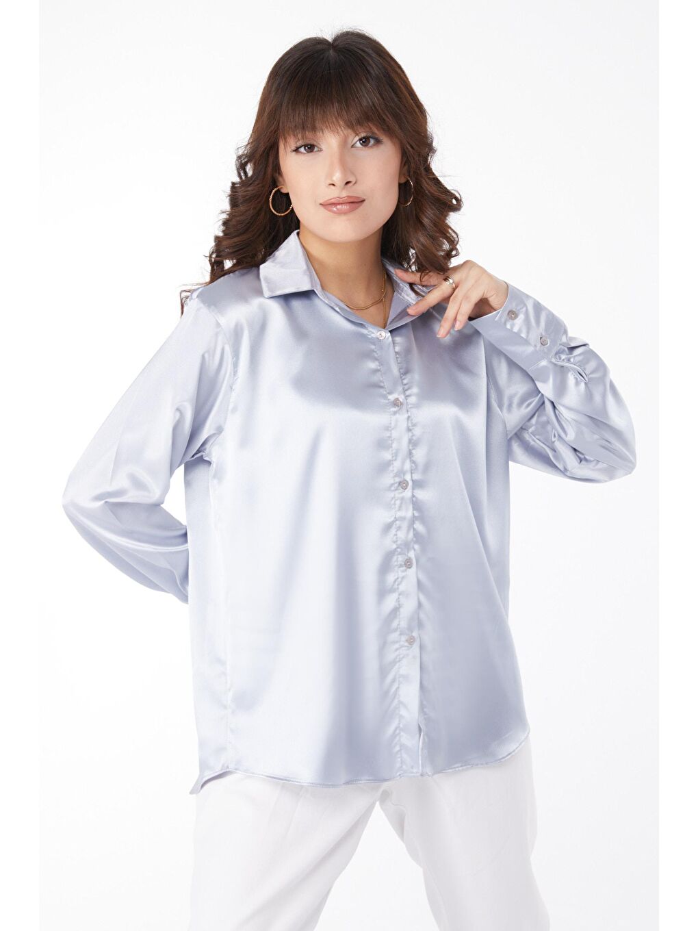 Gömlek Yaka Kadın Gri Saten Gömlek - 25038-1