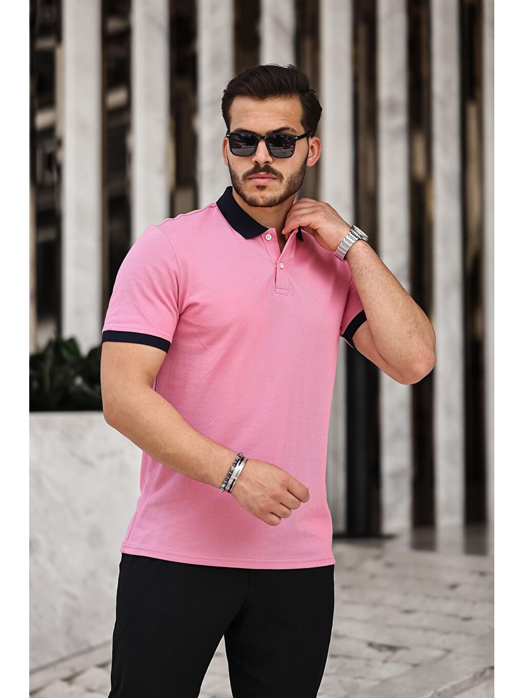 Miron Pembe Basic Pike Kumaş Polo Yaka Kısa Kollu Tişört- 2433