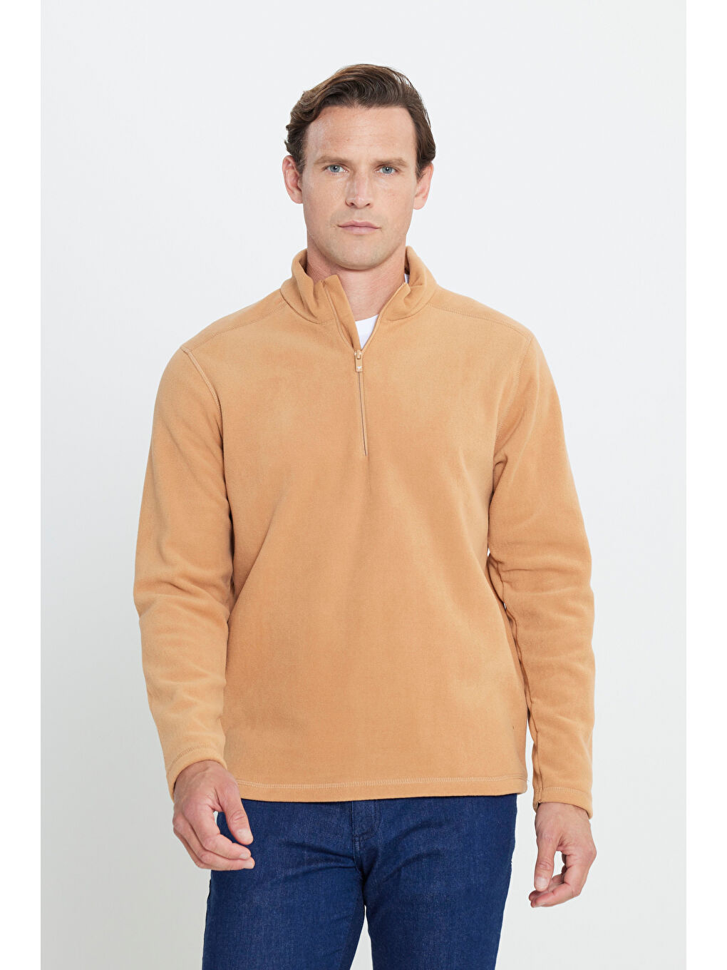 Bej Erkek Karamel Anti-Pilling Tüylenme Yapmayan Standart Fit Dik Yaka Polar Sweatshirt
