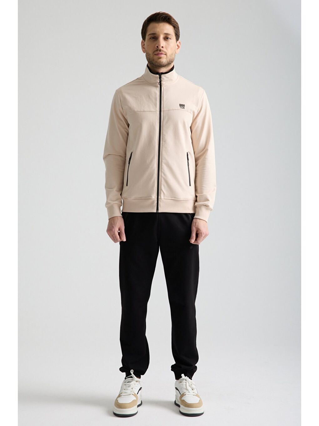 Bej  Erkek Luxe Eşofman Takımı Rahat Kalıp Manşetli Minimal Logo-6