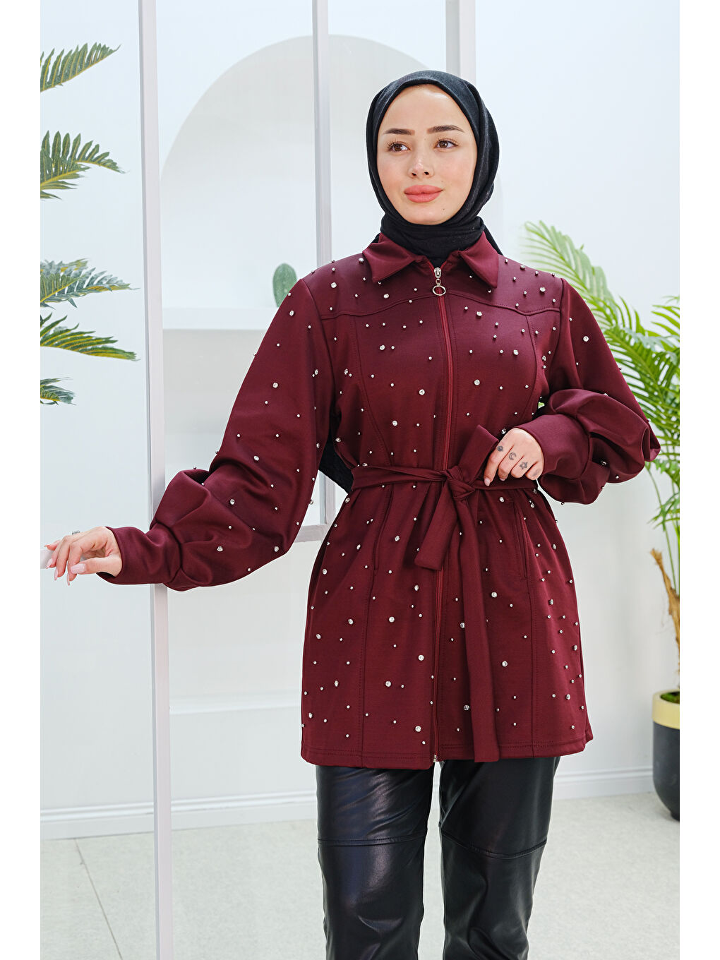 Locco Moda Taş Detay Bel Bağlamalı Fermuarlı Sweatshirt Bordo - 2