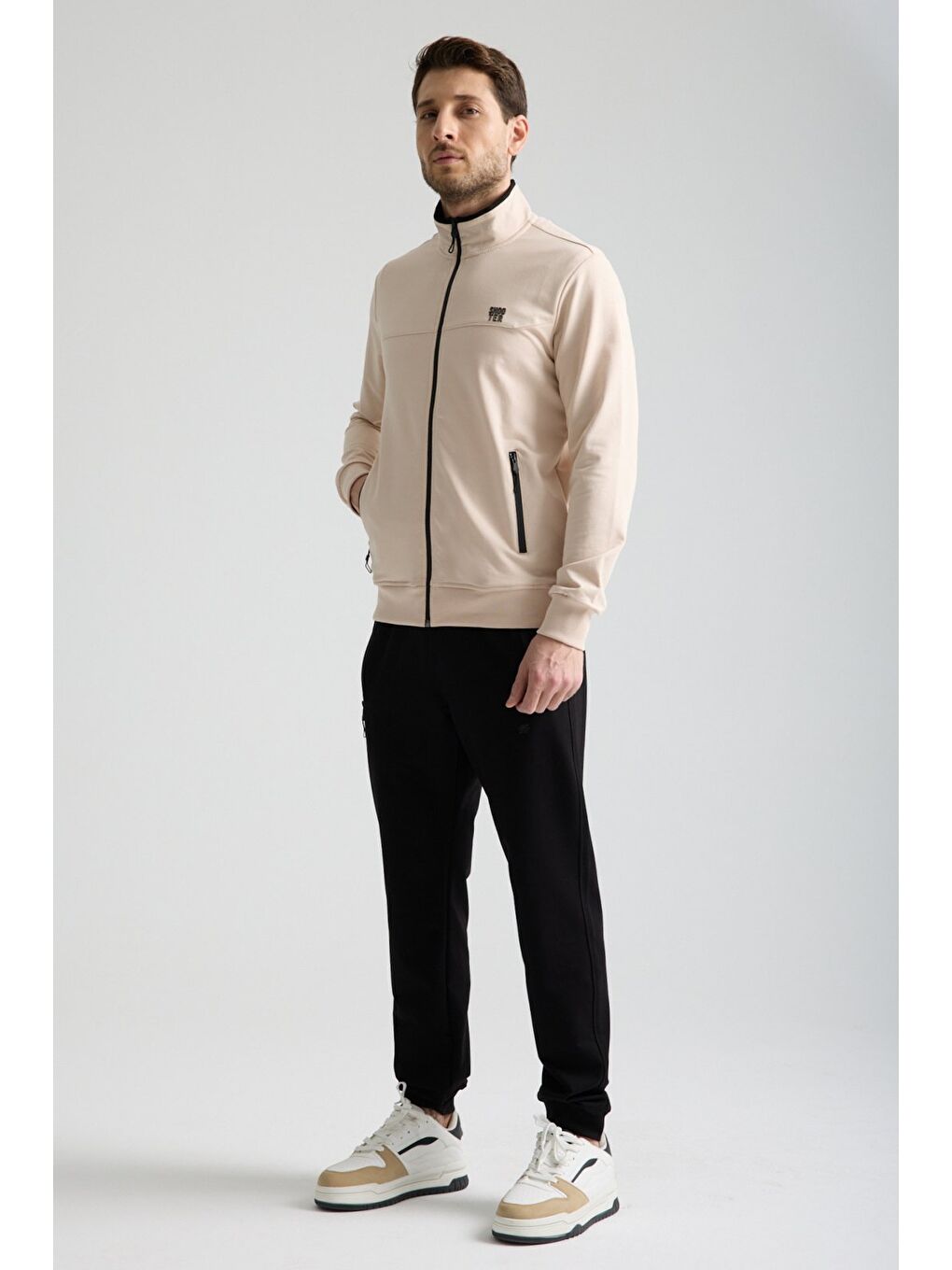 Bej  Erkek Luxe Eşofman Takımı Rahat Kalıp Manşetli Minimal Logo-7