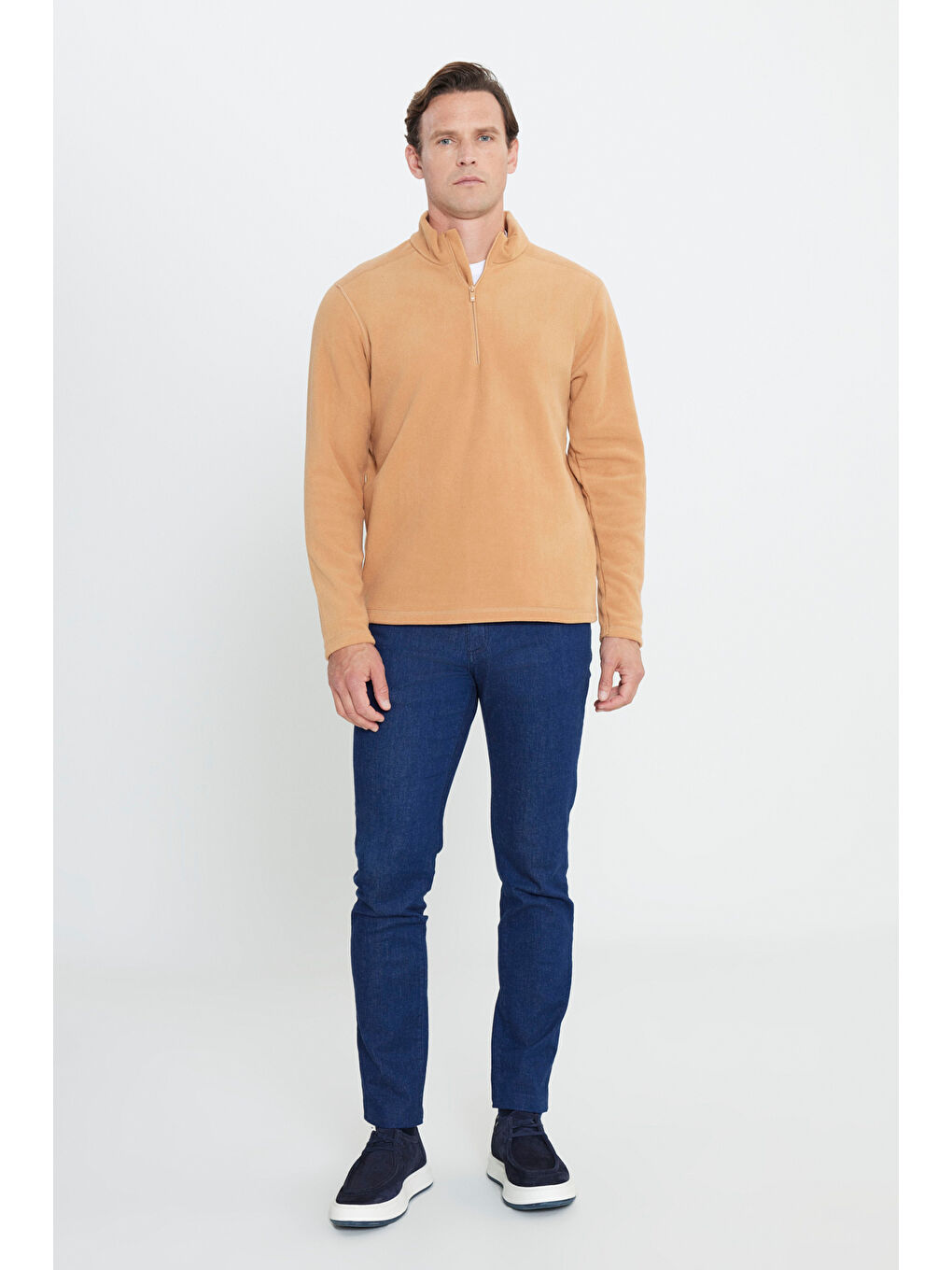 Bej Erkek Karamel Anti-Pilling Tüylenme Yapmayan Standart Fit Dik Yaka Polar Sweatshirt-1