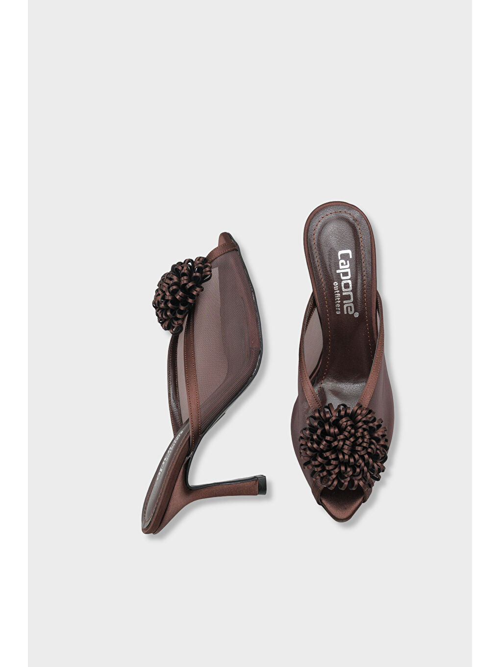 Kahverengi Caitrin Fileli Saten Orta Topuklu Kadın Terlik-3