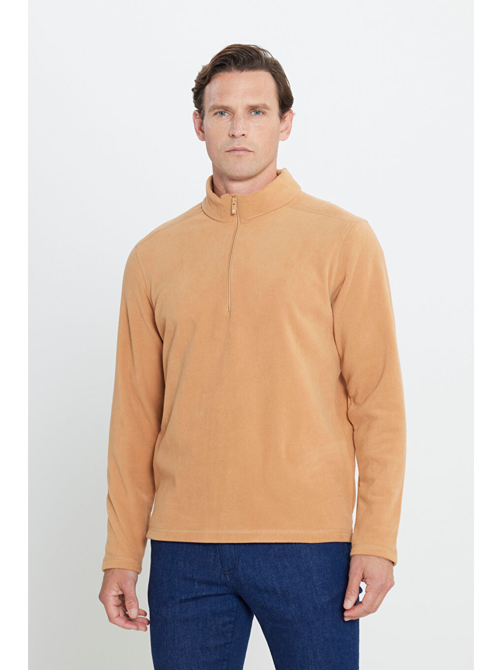 Bej Erkek Karamel Anti-Pilling Tüylenme Yapmayan Standart Fit Dik Yaka Polar Sweatshirt-2
