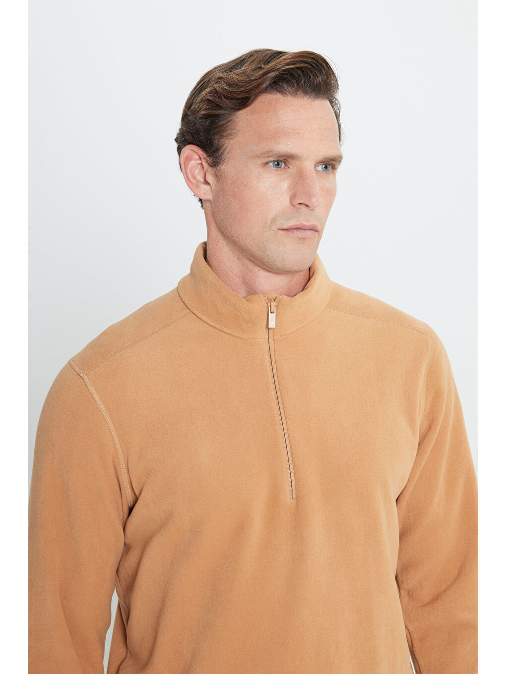 Bej Erkek Karamel Anti-Pilling Tüylenme Yapmayan Standart Fit Dik Yaka Polar Sweatshirt-3