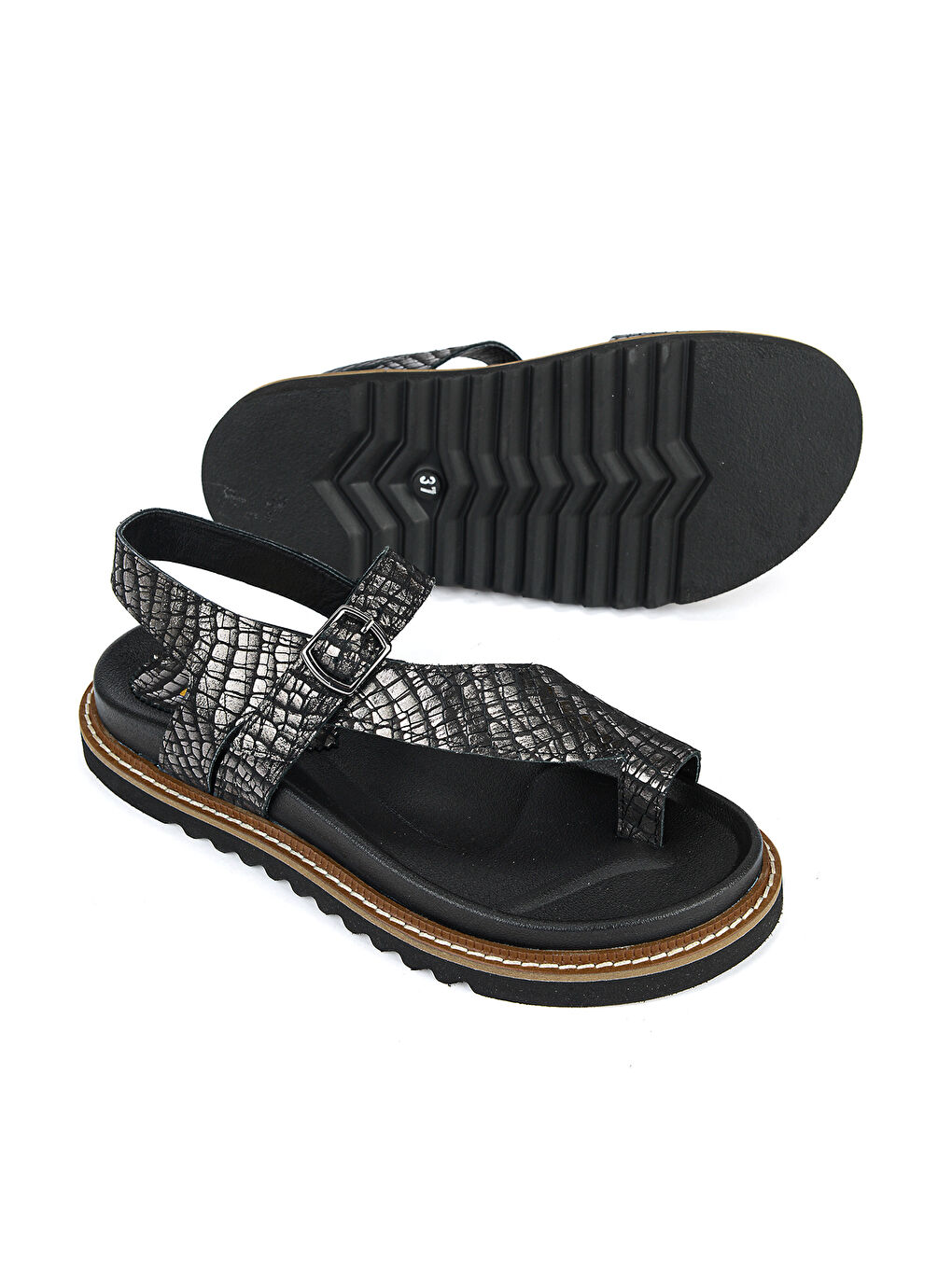 Kadın Hakiki Deri Sandalet 1611050Z8523 Siyah-Yılan-3