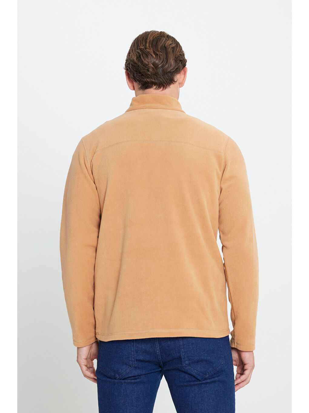 Bej Erkek Karamel Anti-Pilling Tüylenme Yapmayan Standart Fit Dik Yaka Polar Sweatshirt-4