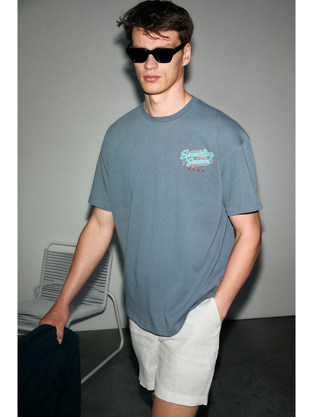Gri NEON Erkek %100 Organik Pamuklu Yuvarlak Yakalı Baskı Detaylı GRİ T-Shirt-1