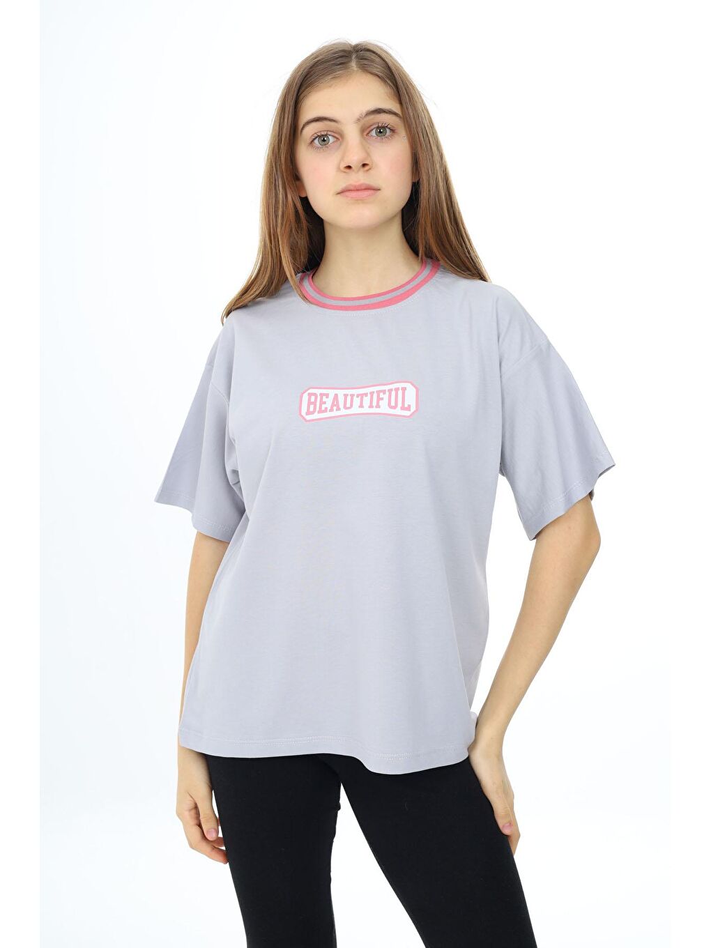 Gri Beautiful Yazılı Oversize Kız Tişört
