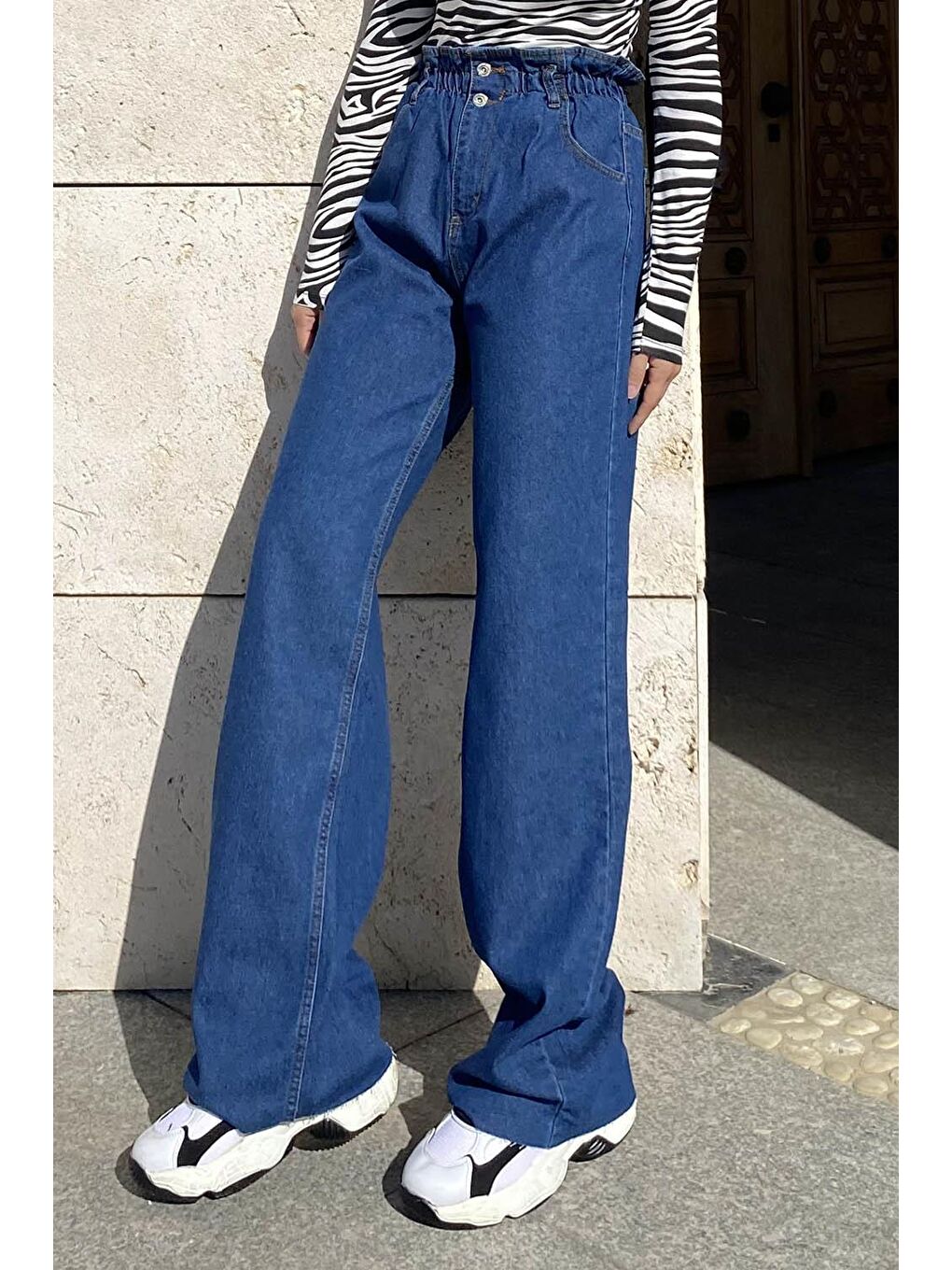 Kesik Paça Midi Boy Pantolon Koyu Mavi-1