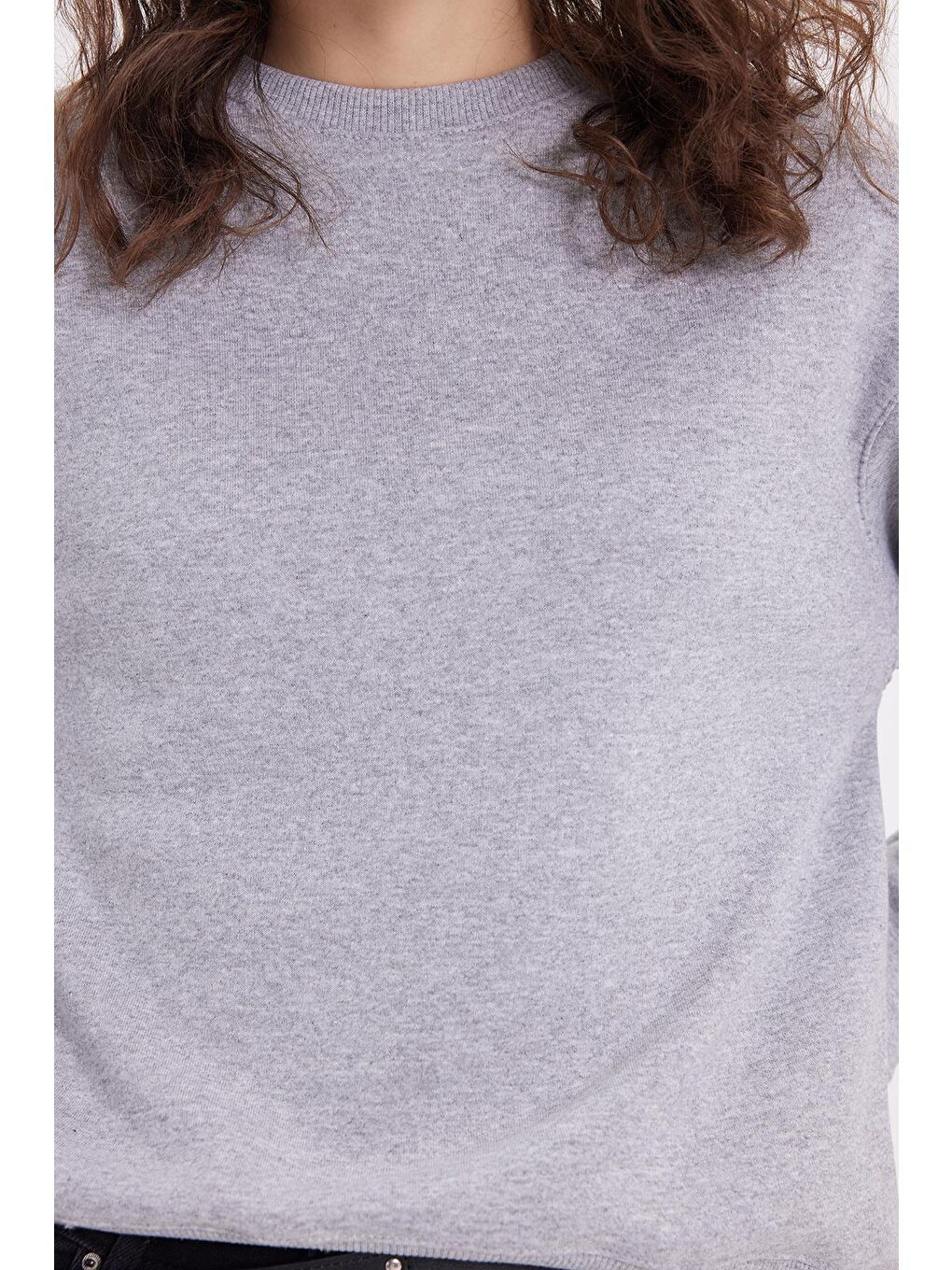 Kadın Oversize Geniş Kesim Pamuklu Bisiklet Yaka Gri Sweatshirt-2