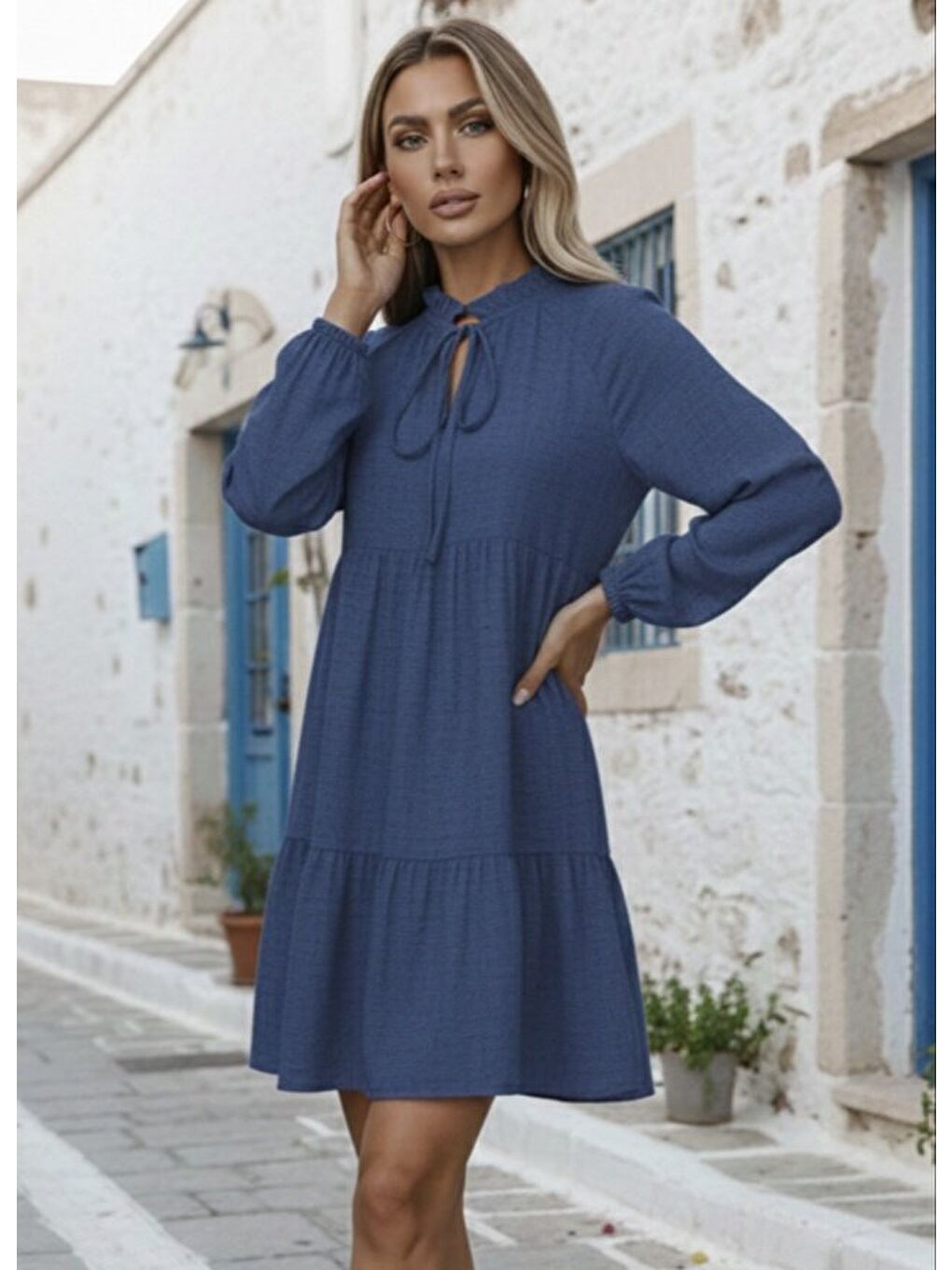 Lacivert Kadın Uzun Kollu Yakadan Bağcıklı Fırfırlı Keten Mini Elbise