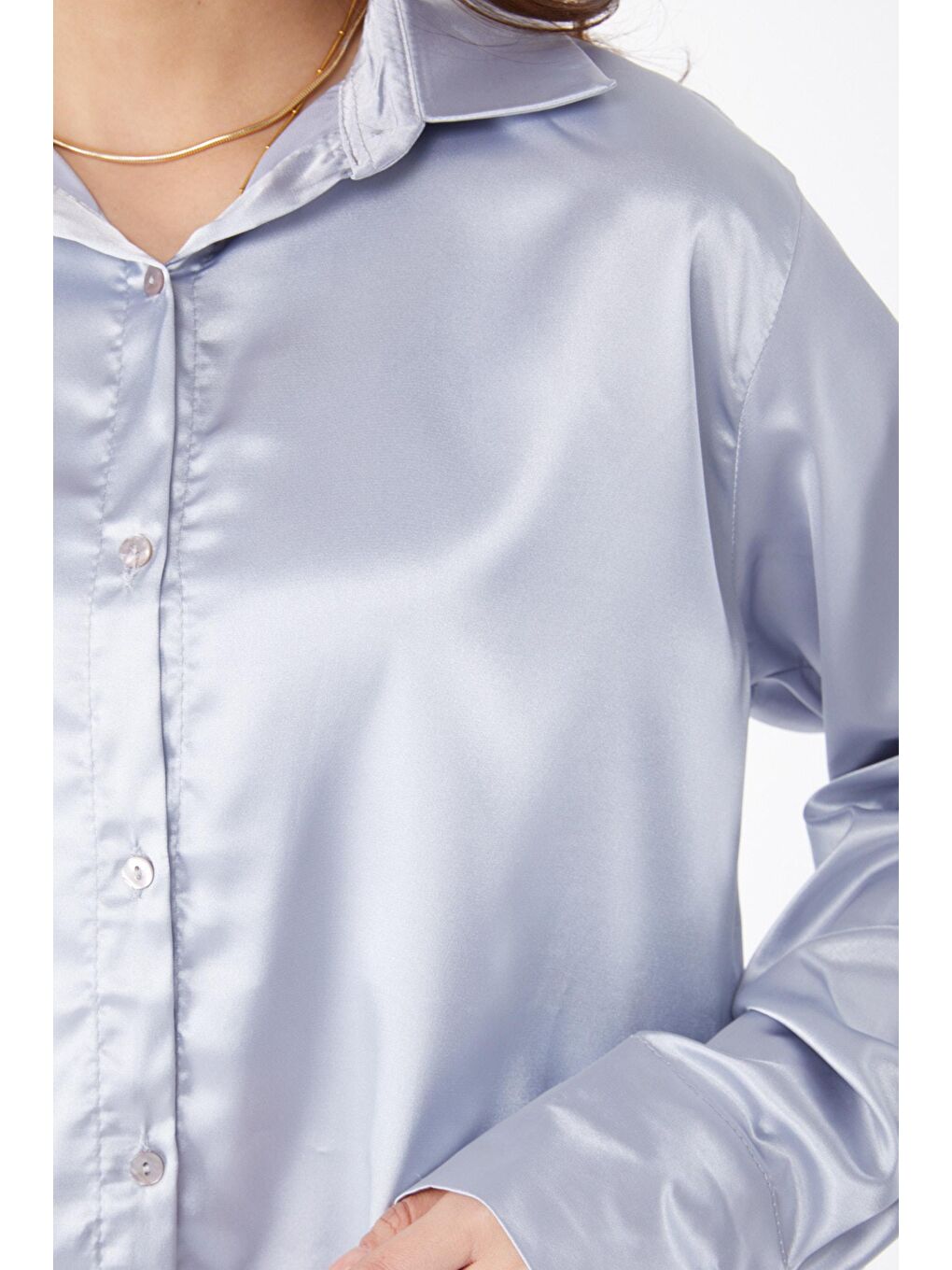 Gömlek Yaka Kadın Gri Saten Gömlek - 25038-4