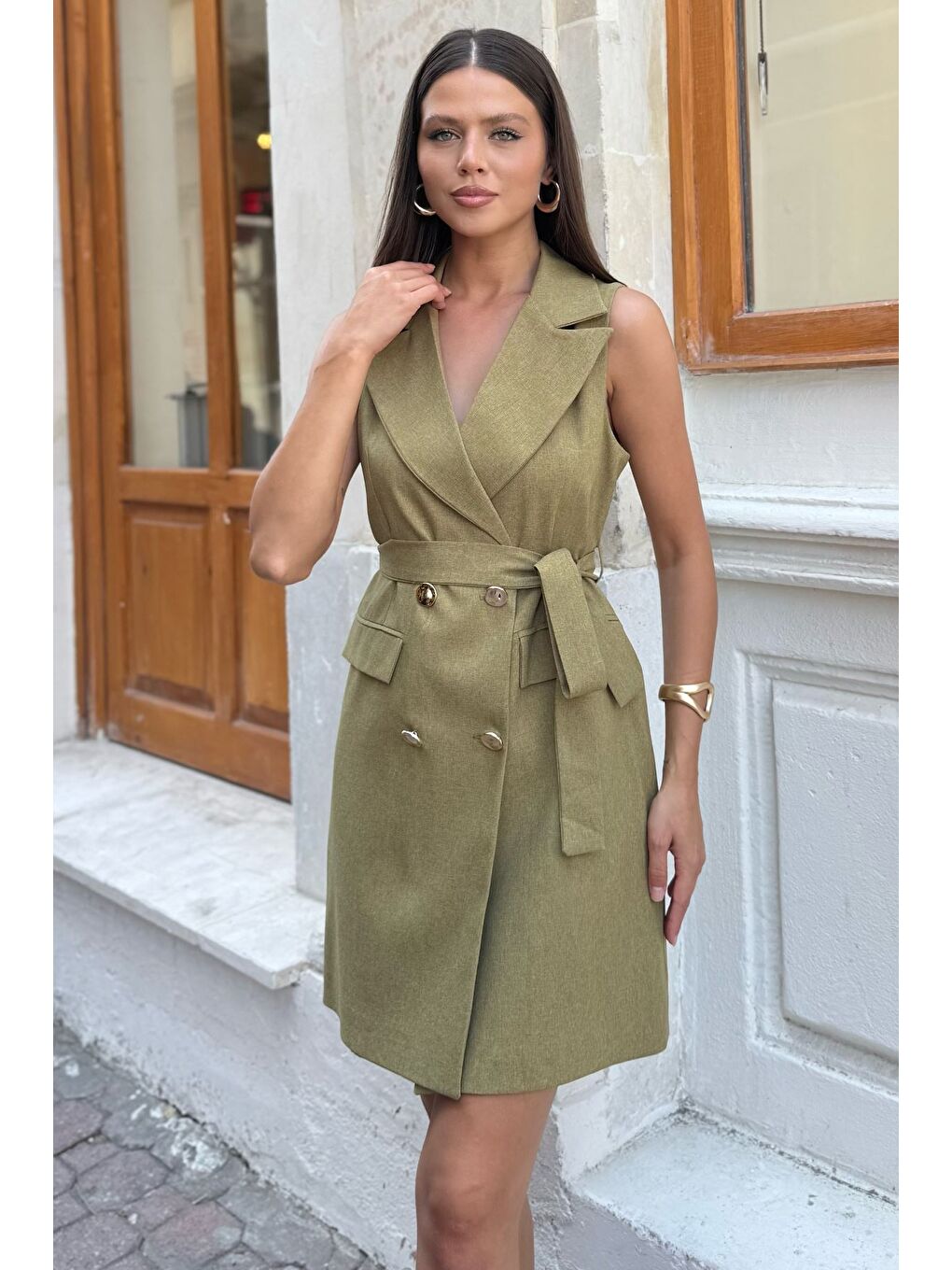 Yeşil Kadın Kruvaze Yaka Gold Düğme Detaylı Elbise