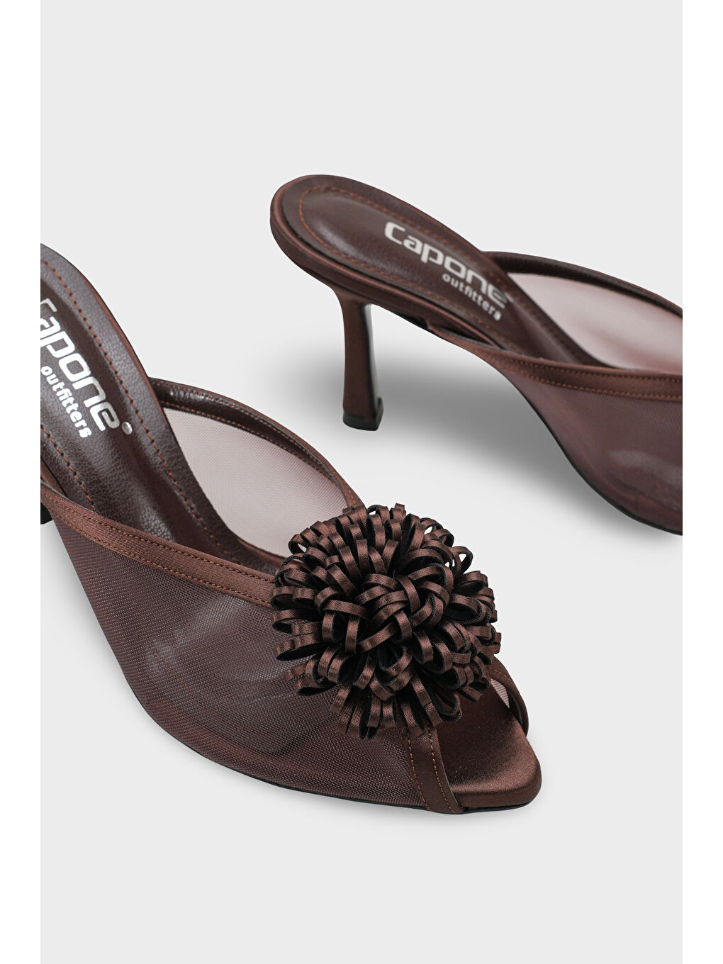 Kahverengi Caitrin Fileli Saten Orta Topuklu Kadın Terlik-5